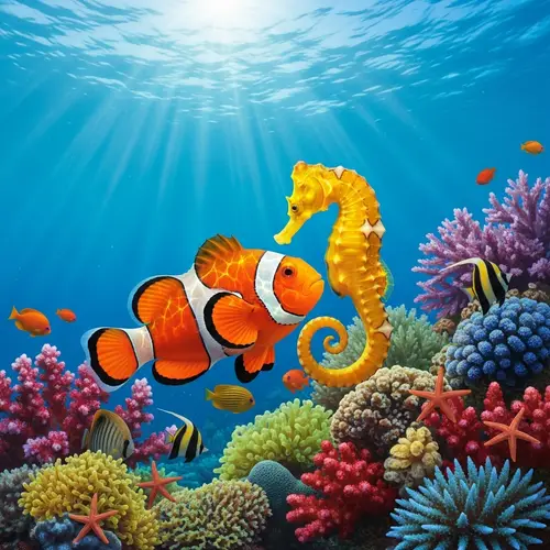 Colorful Fish and Seahorse Underwater