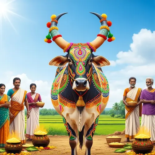 Festively Decorated South Asian Cow for Pongal Festivities