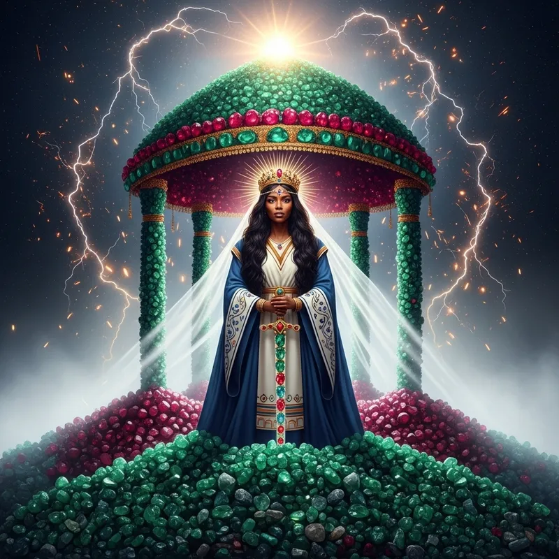 Black Woman Empress: Majestic Presence atop Emerald and Ruby Mountain
