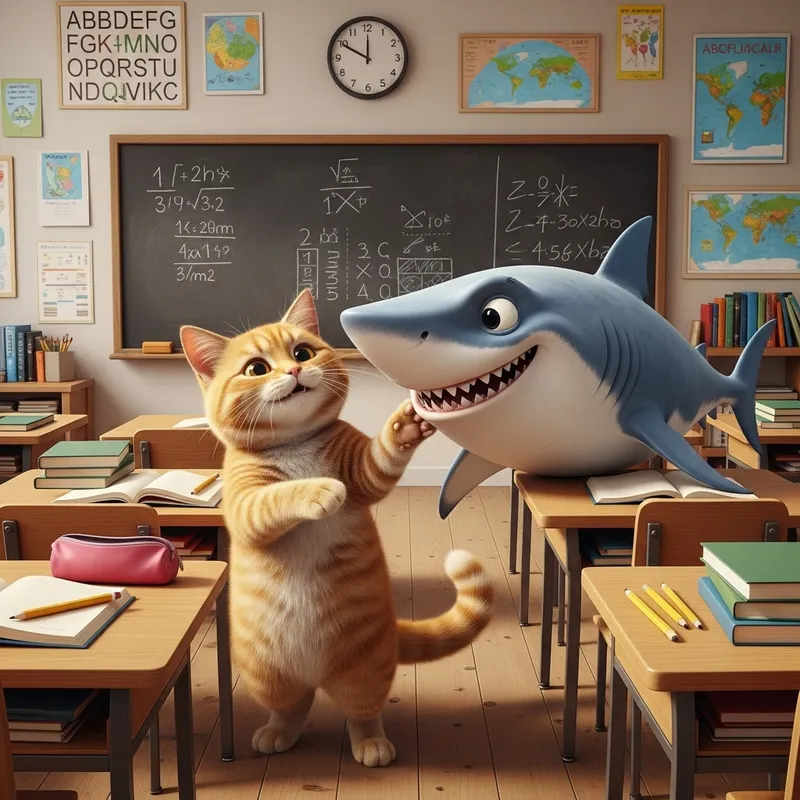 Happy Cat Plays with Shark - Amusing School Interaction Happy Cat Plays with Shark - Amusing School Interaction