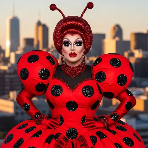 Drag-Inspired Ladybug Character with Dramatic Red and Black Dress