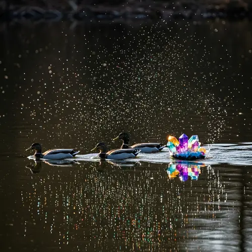 Swimming Ducks at Serene Pond with Glistening Crystals and Sparkles