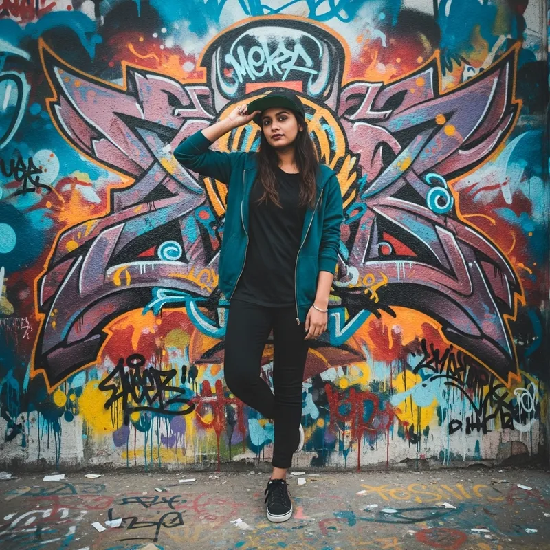 South Asian Woman in Urban Streetwear: Vibrant Graffiti Fashion South Asian Woman in Urban Streetwear: Vibrant Graffiti Fashion