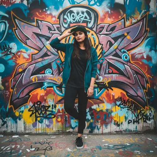 Urban Streetwear Fashion: Vibrant Graffiti Style by South Asian Woman