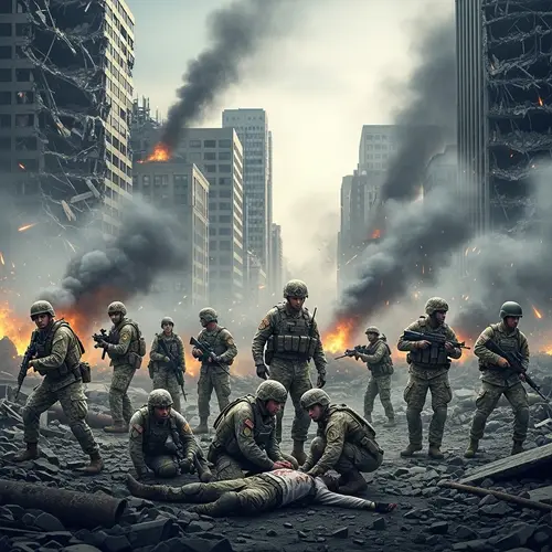 War Zone Crisis: Chaotic Cityscape with Diverse Soldiers in Conflict