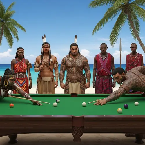 Multicultural Warriors Play Billiards on Tropical Island