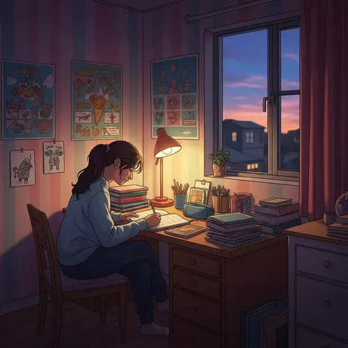Tranquil Middle-Eastern Girl Studying in Cozy Room with Warm Lighting