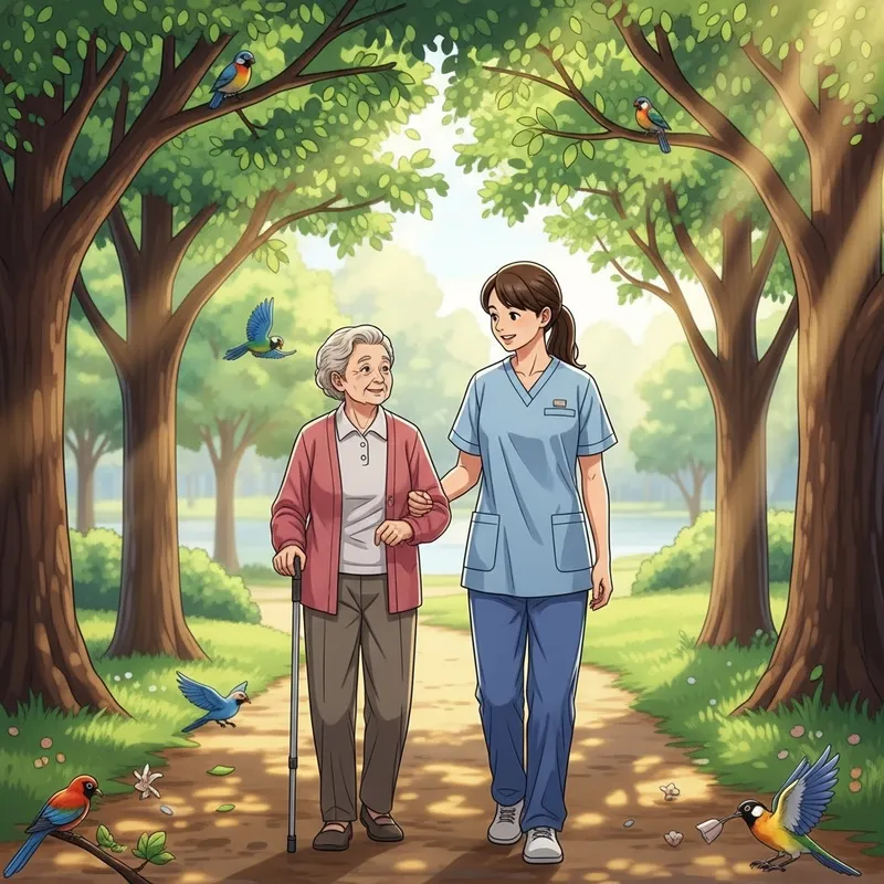 Elderly Person and Caregiver Smiling Together in Park