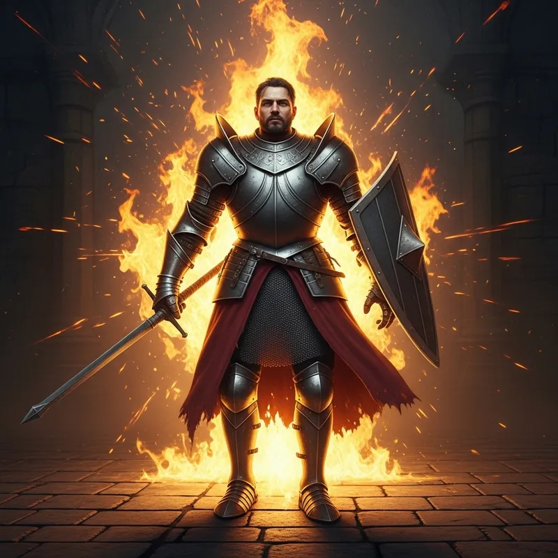 Hispanic Armored Knight Rising with Fire | Medieval Scene