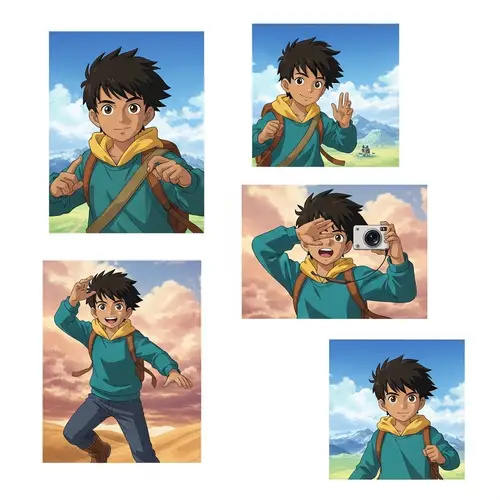 Diverse Young Boy in Adventurous Poses Against Dreamy Illustrations