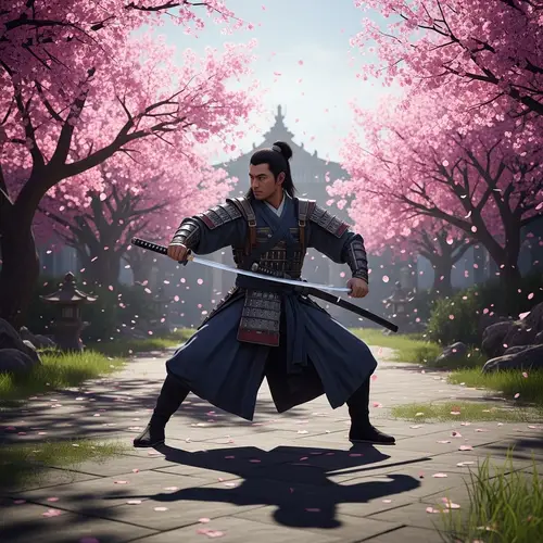Skilled Asian Swordsman in Tranquil Cherry Blossom Garden