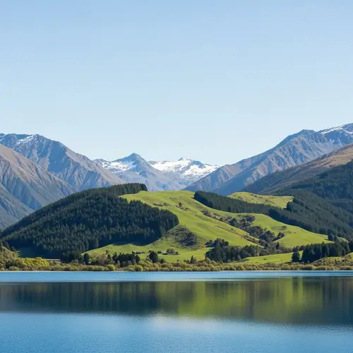 Tranquil Natural Vista: Crystal Lake, Towering Mountains, Lush Green Hills