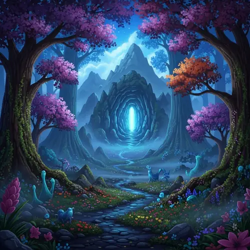 Magical Forest with Mystical Cave: Enchanting Twilight Scene