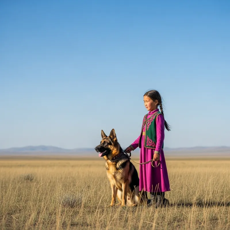 Kazakh Girl with German Shepherd in Steppe | Gazing Ahead