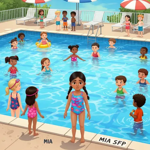 Vibrant Pool Scene with Diverse Children Playing | Mia's Story
