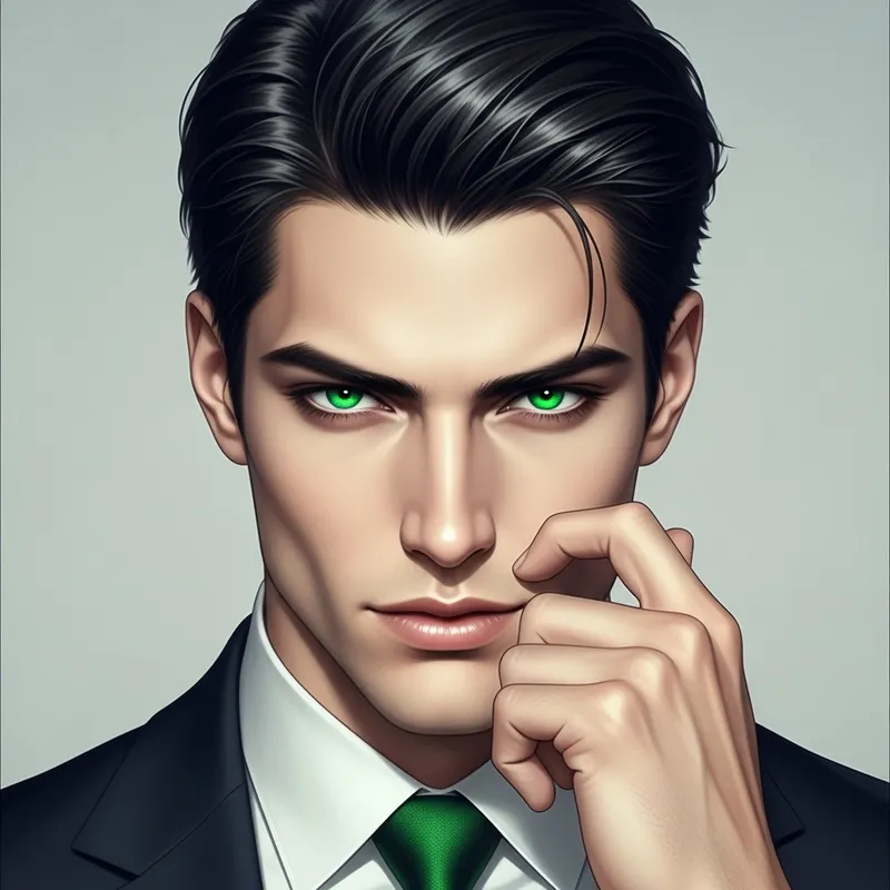 Visually Striking Man with Captivating Green Eyes and Sleek Black Hair