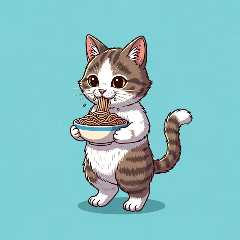 Cute White and Brown Cartoon Cat Eating Spaghetti