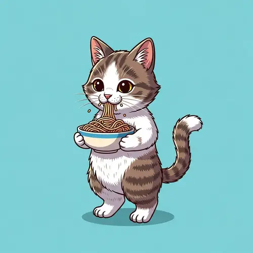 White and Brown Cartoon Cat Eating Spaghetti - Adorable Image