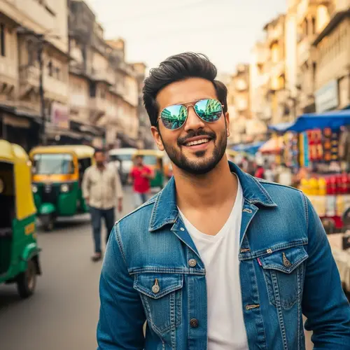 Charismatic Indian Male Public Figure in Vibrant Cityscape