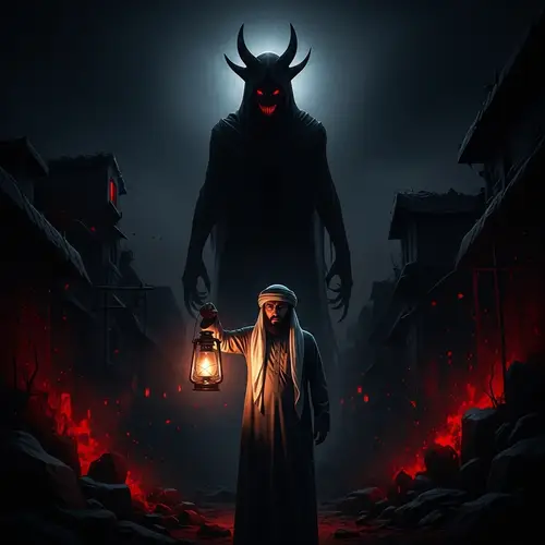 Surreal Night Scene: Man with Lantern vs. Demon