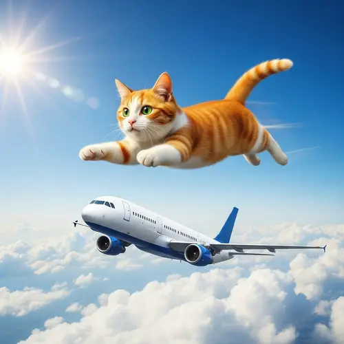 Flying Cat Soaring Over Airplane | Spectacular Sky Scene