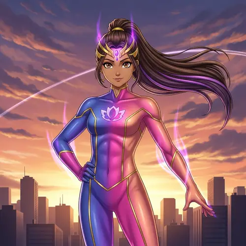 Empowering South Asian Superhero Girl in Pink and Purple Costume