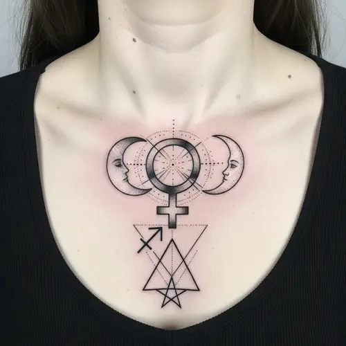 Elegant Tattoo Art on Woman's Chest - Female Symbols