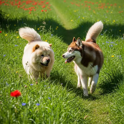 Chow Chow and Siberian Husky Playful Meadow Frolic