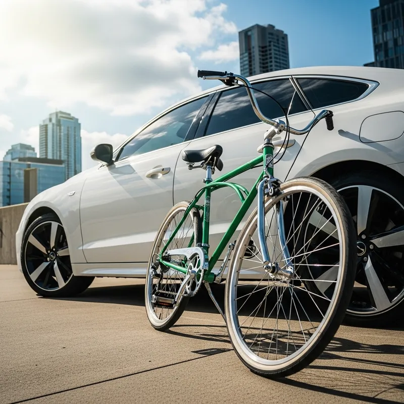 White Car & Green Bike in Urban Setting | Ethereal Vibe