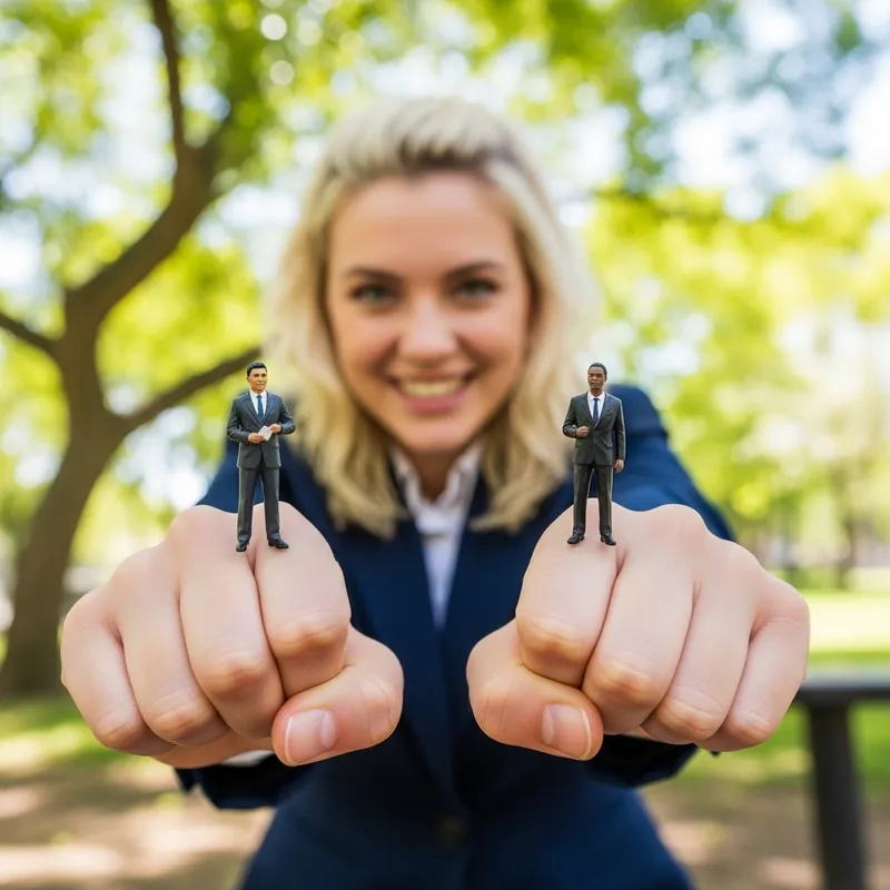 Playful Miniature Businessmen Squashed by Blonde Student in Vibrant Park Scene