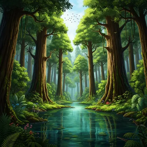 Serene Forest: Age-Old Trees, Flora & Fauna by a Crystal River