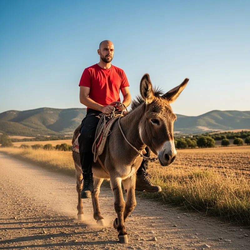 Bald Man in Red Shirt Riding a Donkey