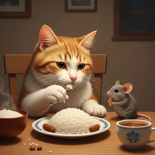 Charming Scene of Feline and Mouse Enjoying Feast Together