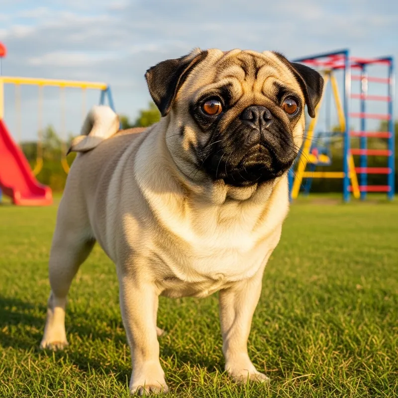 Cute Pug with Sparkling Eyes on Grassy Field