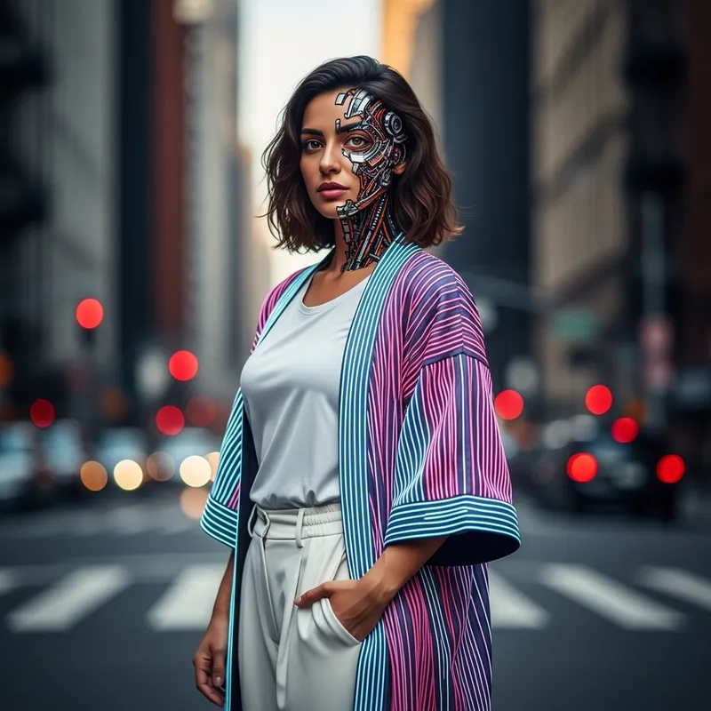Futuristic Middle-Eastern Cyborg Woman in White: Urban Setting View