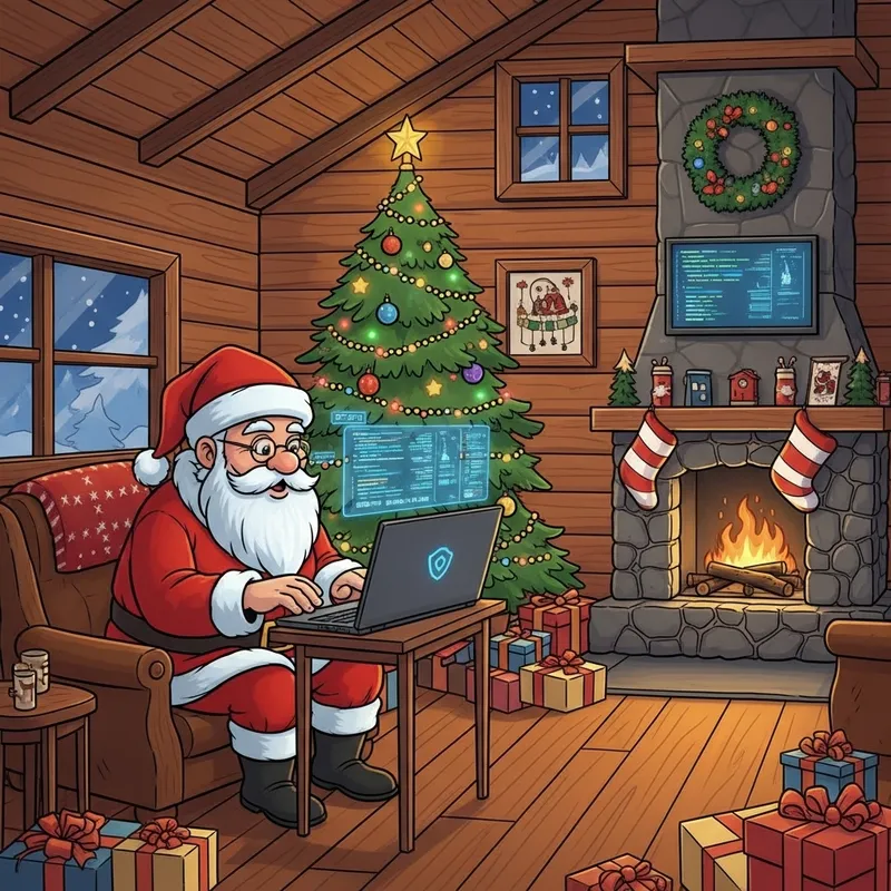 Secure Santa Scene with Xmas Tree in Cyber Cabin