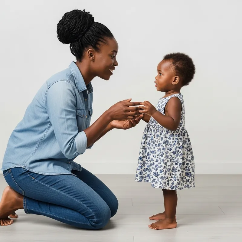 Empathetic African Caregiver Communicates with Black 3-Year-Old Girl