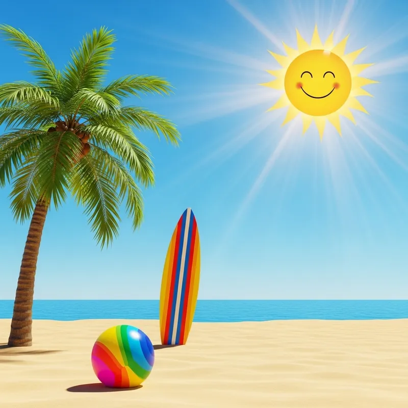 Serene Summer Beach with Ball, Surfboard & Coconut Tree
