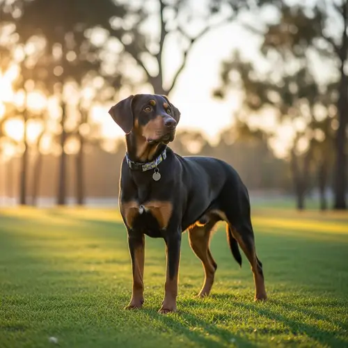 Medium-sized Dog on Grassy Field in Warm Sunset Light