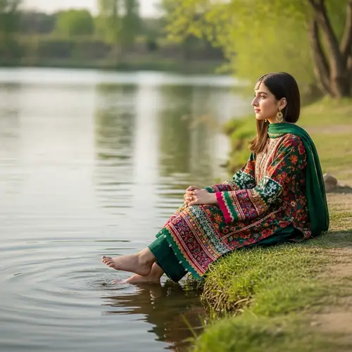 Young Pakistani Girl in Traditional Dress by Serene Lake