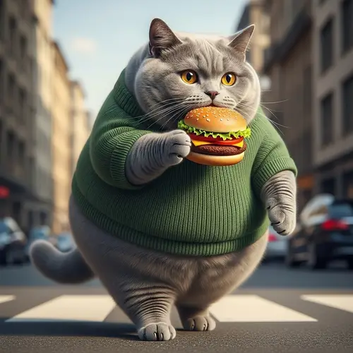 Realistic Grey British Shorthair Cat in Green Sweater Eating Hamburger