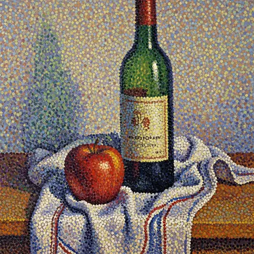 Pointillism Still Life Painting with Apple and Wine Bottle