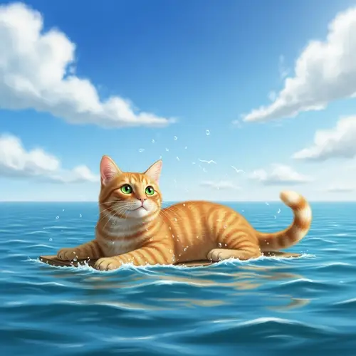 Orange Tabby Cat Floating on Raft in Vast Azure Sea