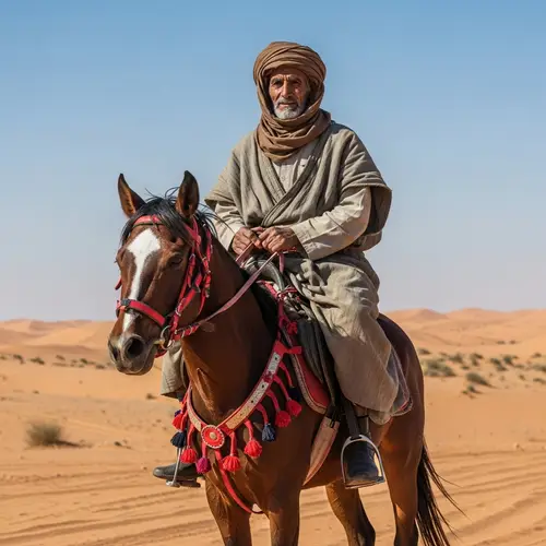 Elderly Arab Man Riding Horse in Desert Landscape