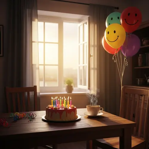 Birthday Celebration with Coffee, Cake, and Balloons