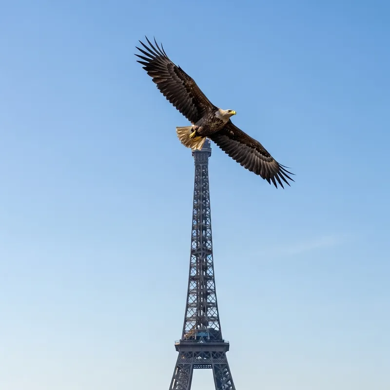 Eagle Soaring Over Eiffel Tower - Cityscape Harmony