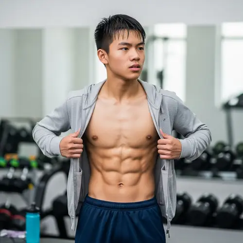 Physically Fit Asian Teenage Boy with Eight-Pack Abdominal Muscles