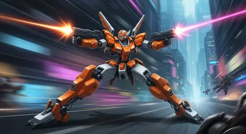 Dynamic Orange & White Gundam Battling in Futuristic Scene