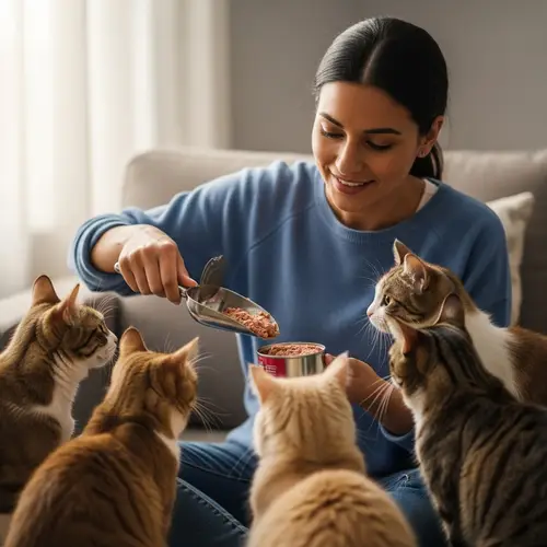Heartwarming Scene of Hispanic Woman Feeding Five Cats