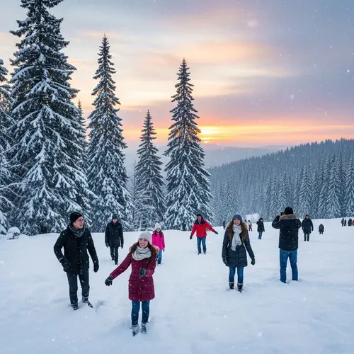Serene Winterscape in December | Snow, Trees, People